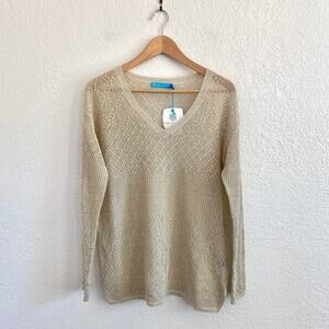 Tori Richard Metallic Gold Linen Blend Open Knit Tunic Sweater Small NWT